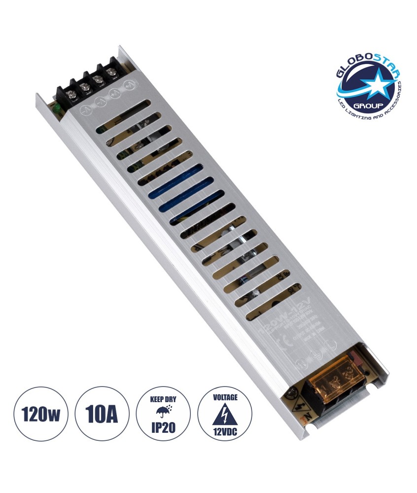 GloboStar® 73026 Μεταλλικό Τροφοδοτικό PELV Ultra Slim για Προϊόντα LED 120W 10A - AC 220-240V σε DC 12V - IP20 L22.5 x W5.4 x H2.1cm - 3 Χρόνια Εγγύηση